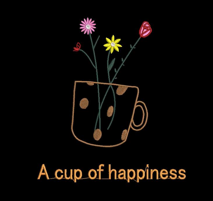 A Cup of Happiness Floral Mug Embroidery Design