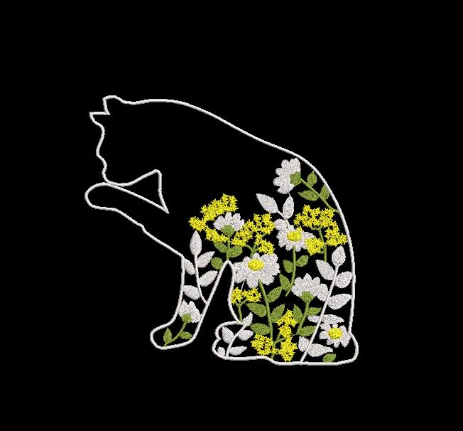 Floral Cat Embroidery Design - Daisy & Mimosa Outline