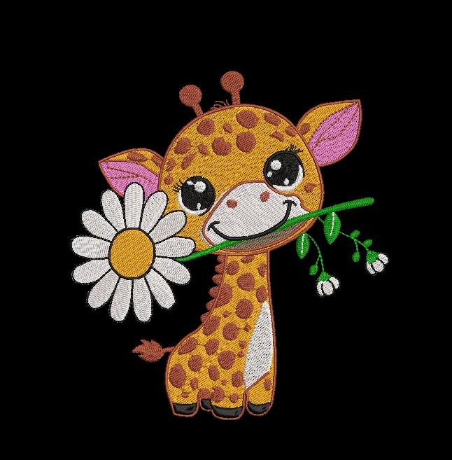 Cute Giraffe with Flower Embroidery Design for Kids