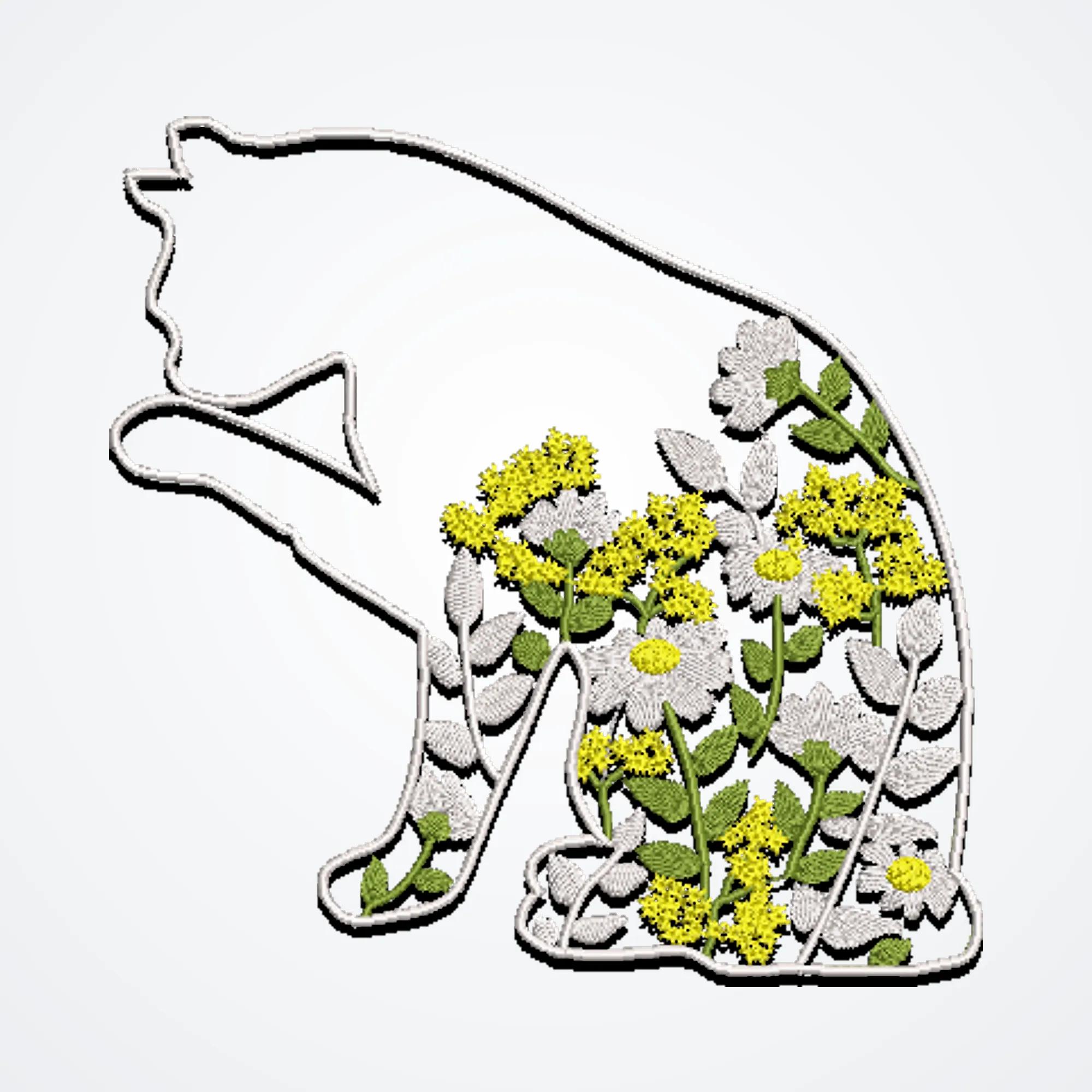 Floral Cat Embroidery Design - Daisy & Mimosa Outline